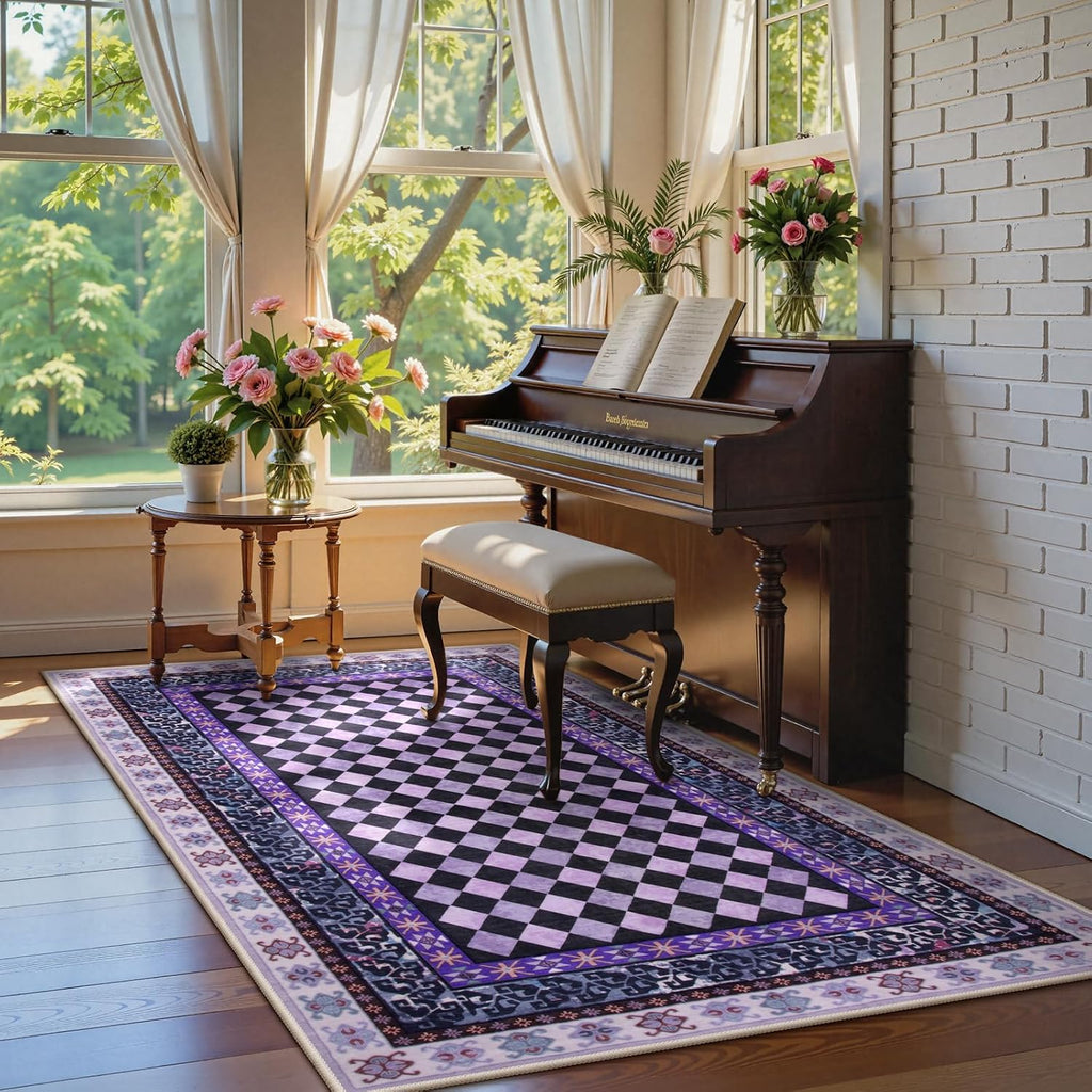 Washable Checkered Area Rugs, Non Slip Purple Trellis Living Room Rug, Low Pile Soft Funky Checked Throw Carpet