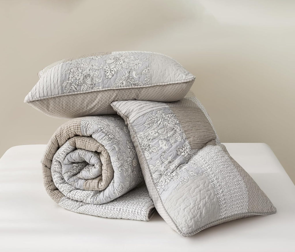 3-Piece Neutral Taupe Gray White Floral Hibiscus Flower Candy Stripe Patchwork Quilt Set - Pre-Washed Cotton