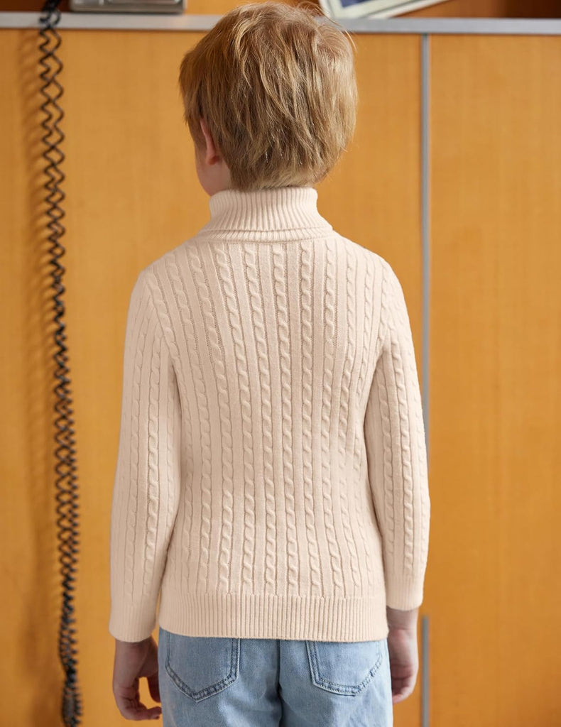 Boy's Ribbed Turtleneck Cable Knitted Sweater Slim Fit Pullover Sweater for Kids