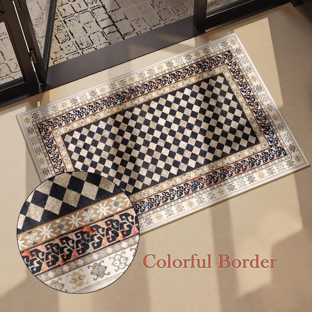 Washable Checkered Kitchen Rug, Black and Brown Trellis Rugs, Stain Resistant Non Slip Funky Carpet Throw Rugs