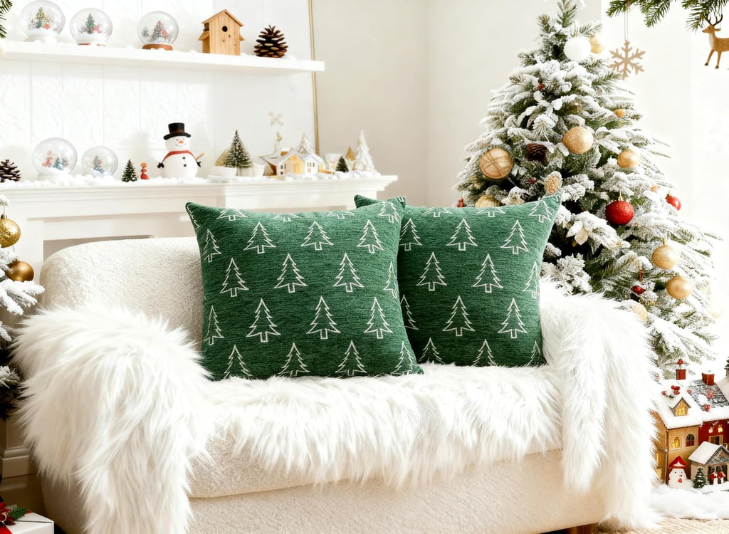 Soft Chenille Christmas Pillow Covers 20x20, Reversible Snowflake & Tree Pattern, Thick & Cozy Farmhouse - Set of 2