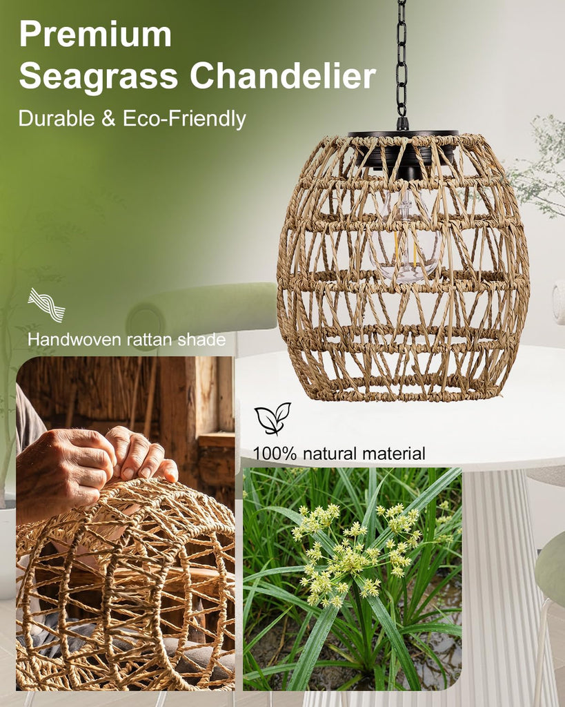 Hanging Solar Lanterns Outdoor Waterproof, Rattan Wicker Hanging Chandelier