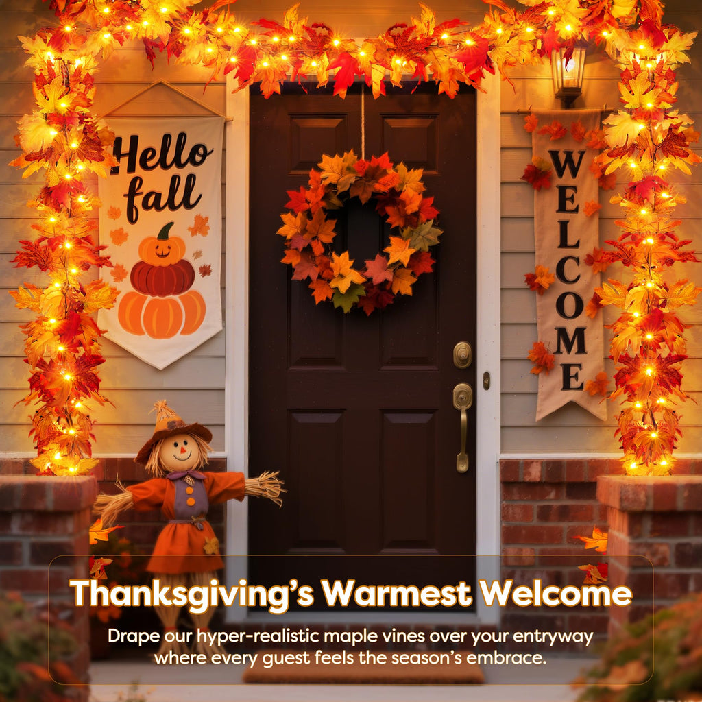 Fall Decorations 18 FT Pre-lit Fall Garland with 100 LED Orange Lights, 8 Lighting Modes, Timer, Battery Operated