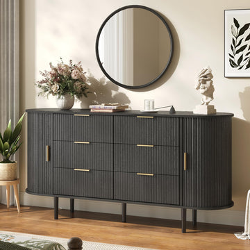 Fluted 6 Drawer Dresser, 63" Wide Modern Chest of Drawers with Gold Metal Handles, Curved Edge Design, Wood Storage