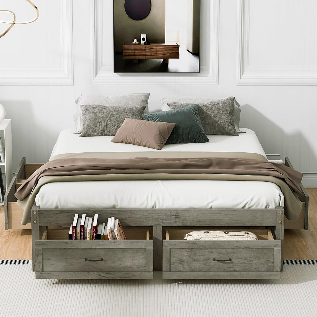 Antique Gray Wood Bed Frame, Farmhouse Japanese Low Platform Wooden Beds Frames with 6 Storage Drawers