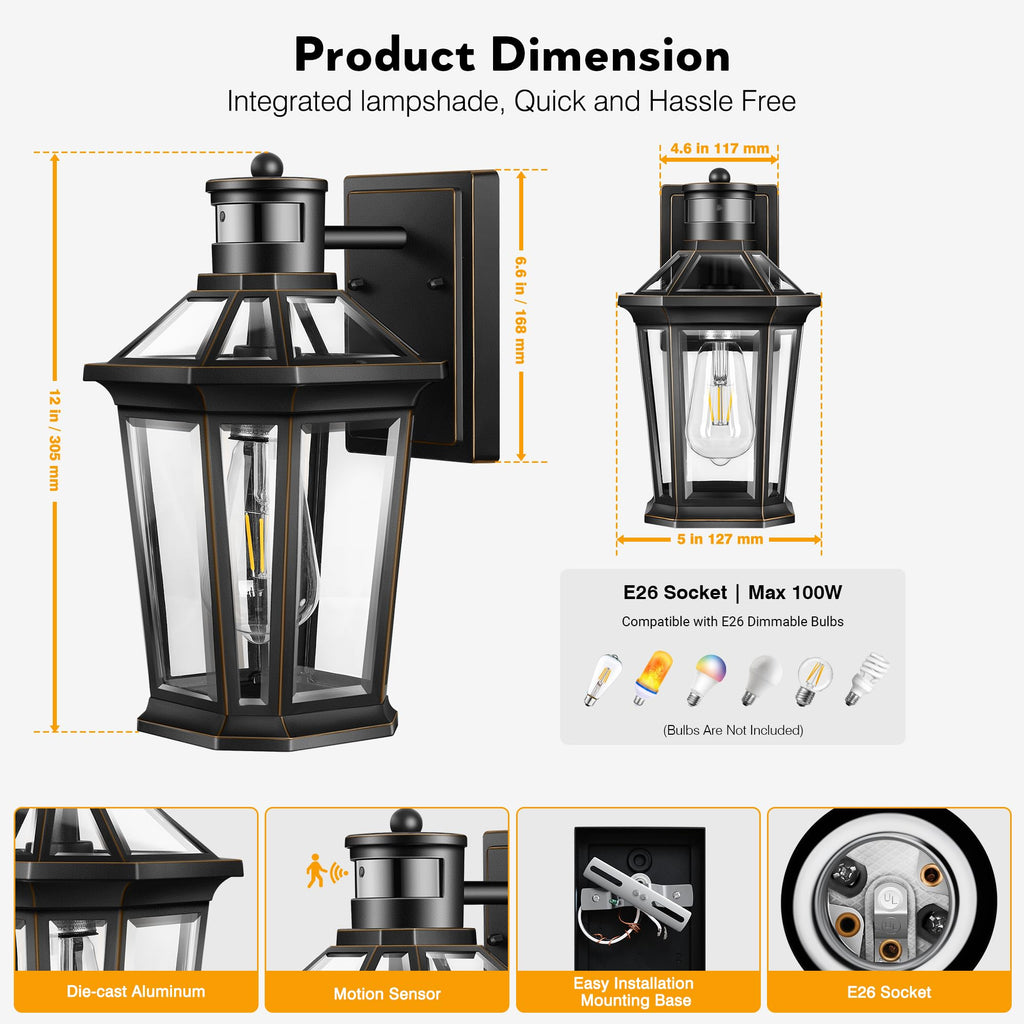Motion Sensor Exterior Light Fixture, 2 Pack Dusk to Dawn Outdoor Light Wall Mount, Anti-Rust Aluminum Outside House