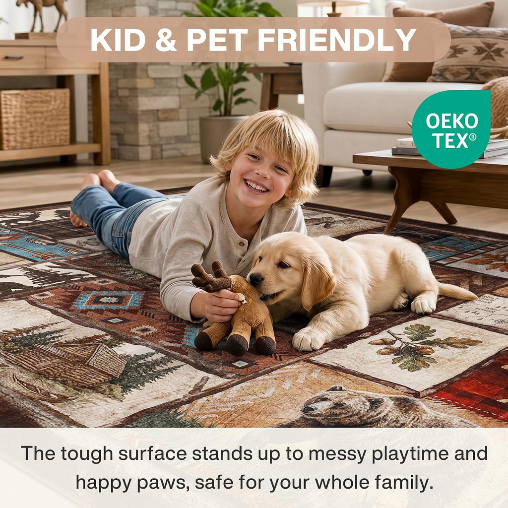 Washable Southwestern Area Rugs, Low Pile Soft Bear Rug, Non Slip Rustic Cabin Indoor Dining Room Patchwork