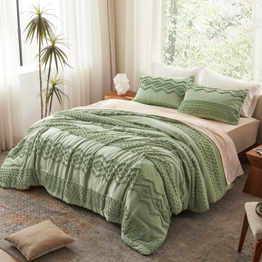 Sage Green Tufted Comforter Set, 3 Pieces King Boho Bedding Set