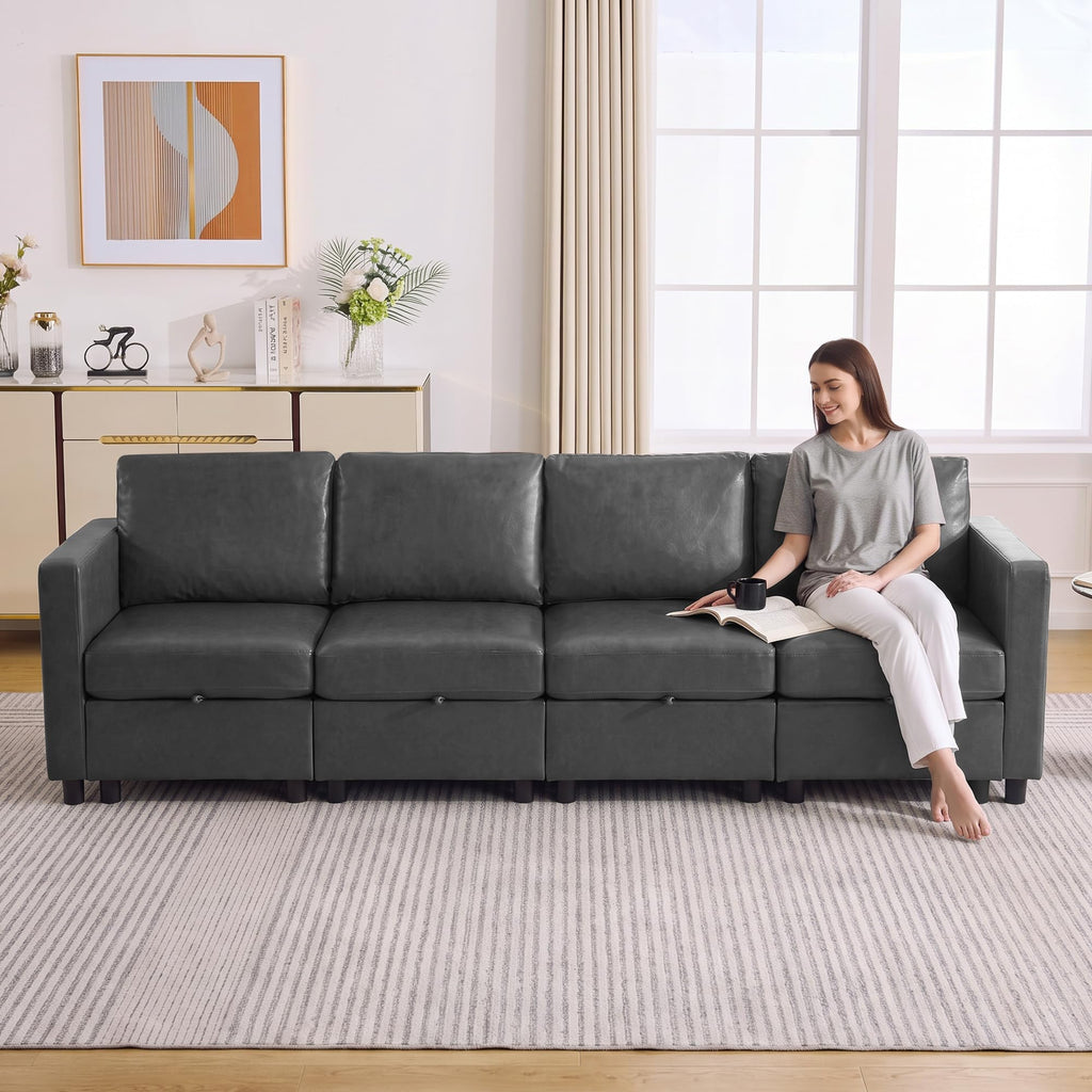 Modular Sectional Couch, 107" Faux Leather Storage 4 Seat Sofa, Grey