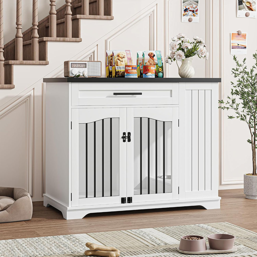 Dog Crate, 44 Inch Dog Crate Furniture End Table, Built-in Feeder Dog Kennel Indoor Kennel, Drawer Storage Small Dog