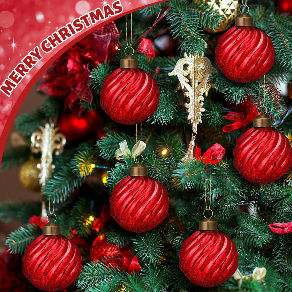 12 Pcs Burgundy Christmas Mercury Glass Ornaments 2.36" Vintage Hanging Christmas Balls Ornaments Finials Grooved