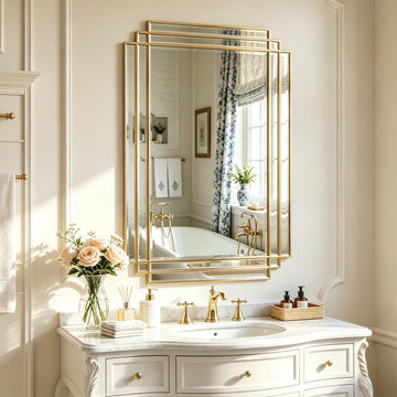 36"x24" Rectangle Beveled Wall Mirror with Gold Geometric Frame