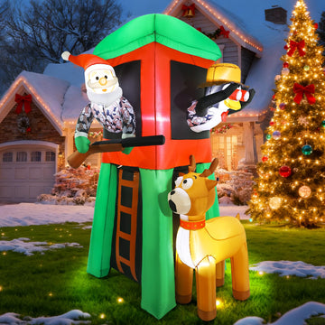 Christmas Inflatable Outdoor Decorations, 7FT Inflatables Camouflage Santa Claus Deer Hunter Yard Decor with Penguin