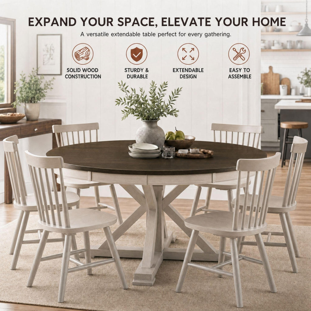 42-54 Inches Extendable Dining Table for 4-6 People, Oval Shape/Round Kitchen Table with Trestle Pedestal Base