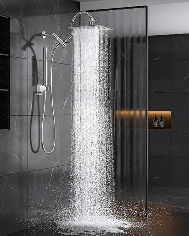 All Metal Dual Shower Heads Combo with Curved Extension Arm, 10" Rain Shower Head with Handheld Spray