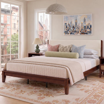 Japanese-Inspired Joinery Bed Frame with Upholstered Headboard