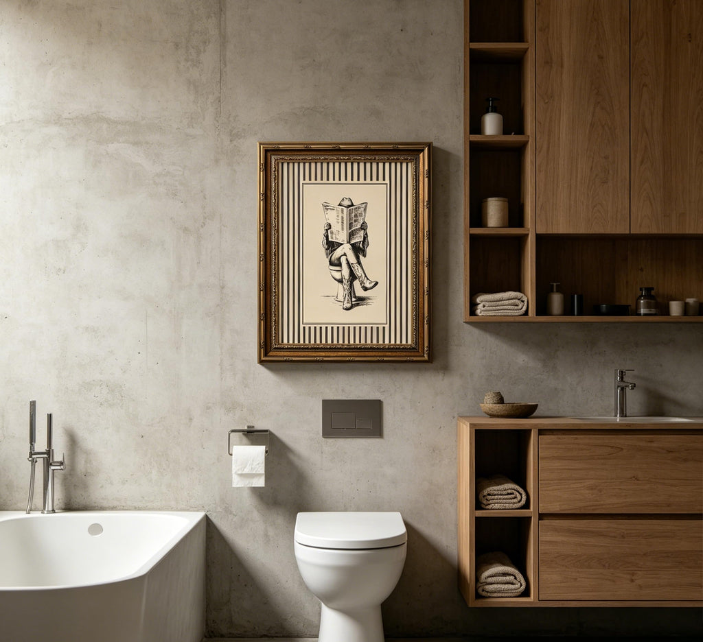 Vintage Gold Framed Cowgirl Bathroom Wall Art, Western Cowgirl Reading Newspaper on The Toilet Canvas Print, Cowboy