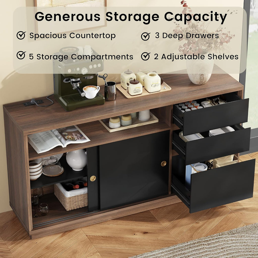 60" Lateral File Cabinet with 3 Dawers, Open Shelves | File Cabinets for A4 / Letter Documents, Wide Credenza w/