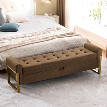67" Storage Bench , End of Bed Bench King Size, Brown | Upholstered Velvet Storage Ottoman Bench with Golden Legs