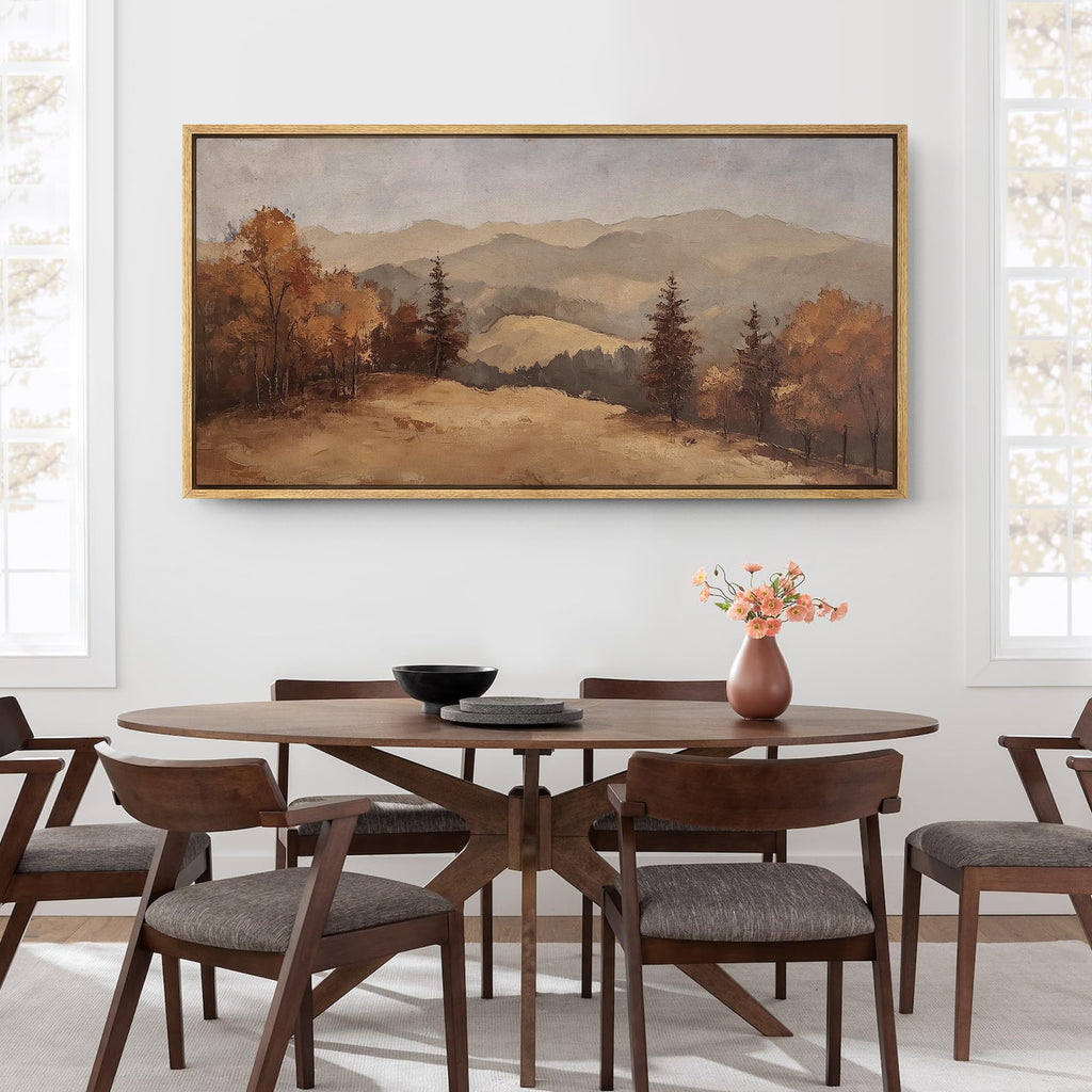 Extra Large Framed Canvas Print Wall Art Fall Mountain Landscape Warm Earth Tone Hillside Illustrations Modern Art