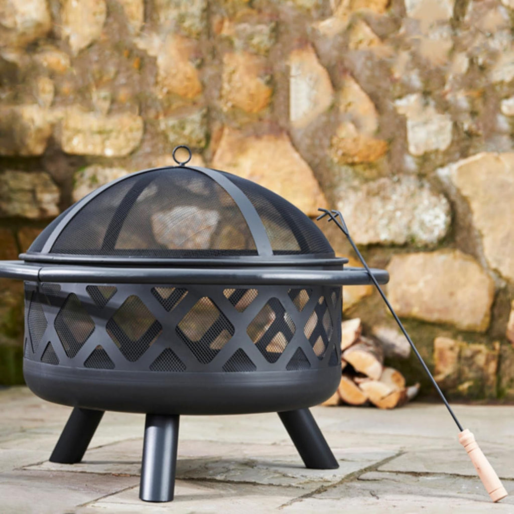 Round Steel Outdoor Fire Pit Outside Wood Burning Firepit Bonfire with Firebowl, Poker, Mesh Screen