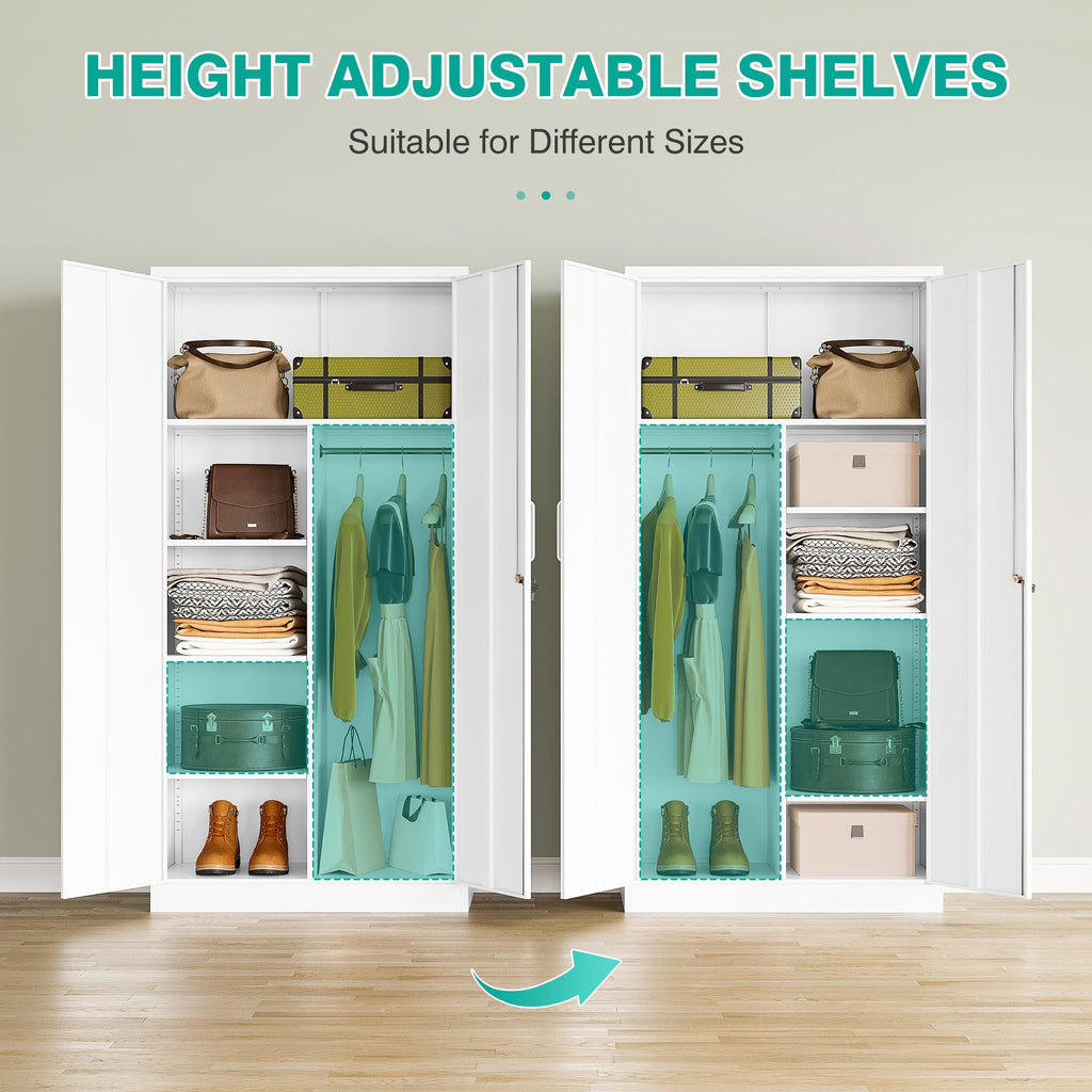 White Wardrobe Cabinet with Lock and Hanging Rod, 72" Armoire Closet with Shelf, Lockable Storage Locker, Metal Storage