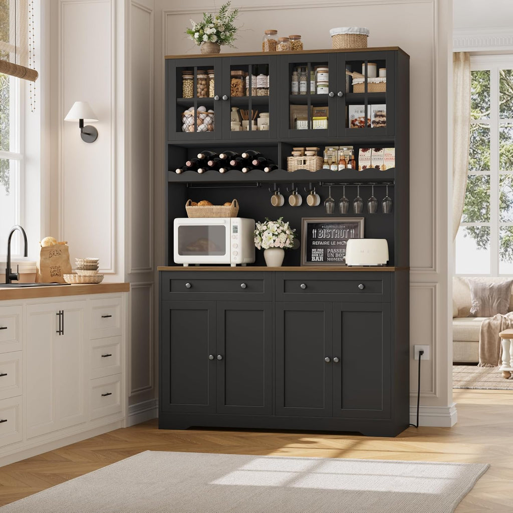 75" Kitchen Pantry Storage Cabinet, Coffee Bar Hutch Cabinet, Black | Tall Pantry Cabinet with Charging Station /
