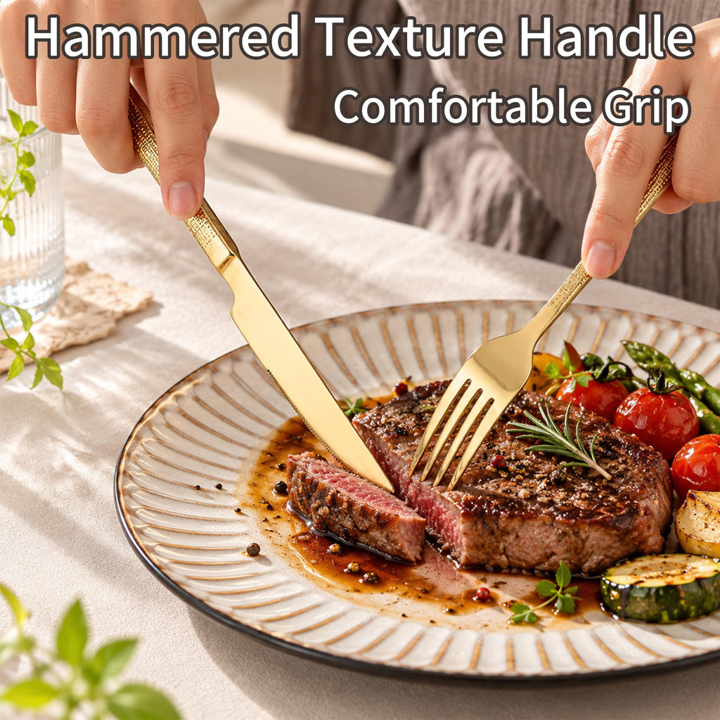Gold Hammered Silverware Set for 1, 5-Piece 18/10 Stainless Steel Flatware