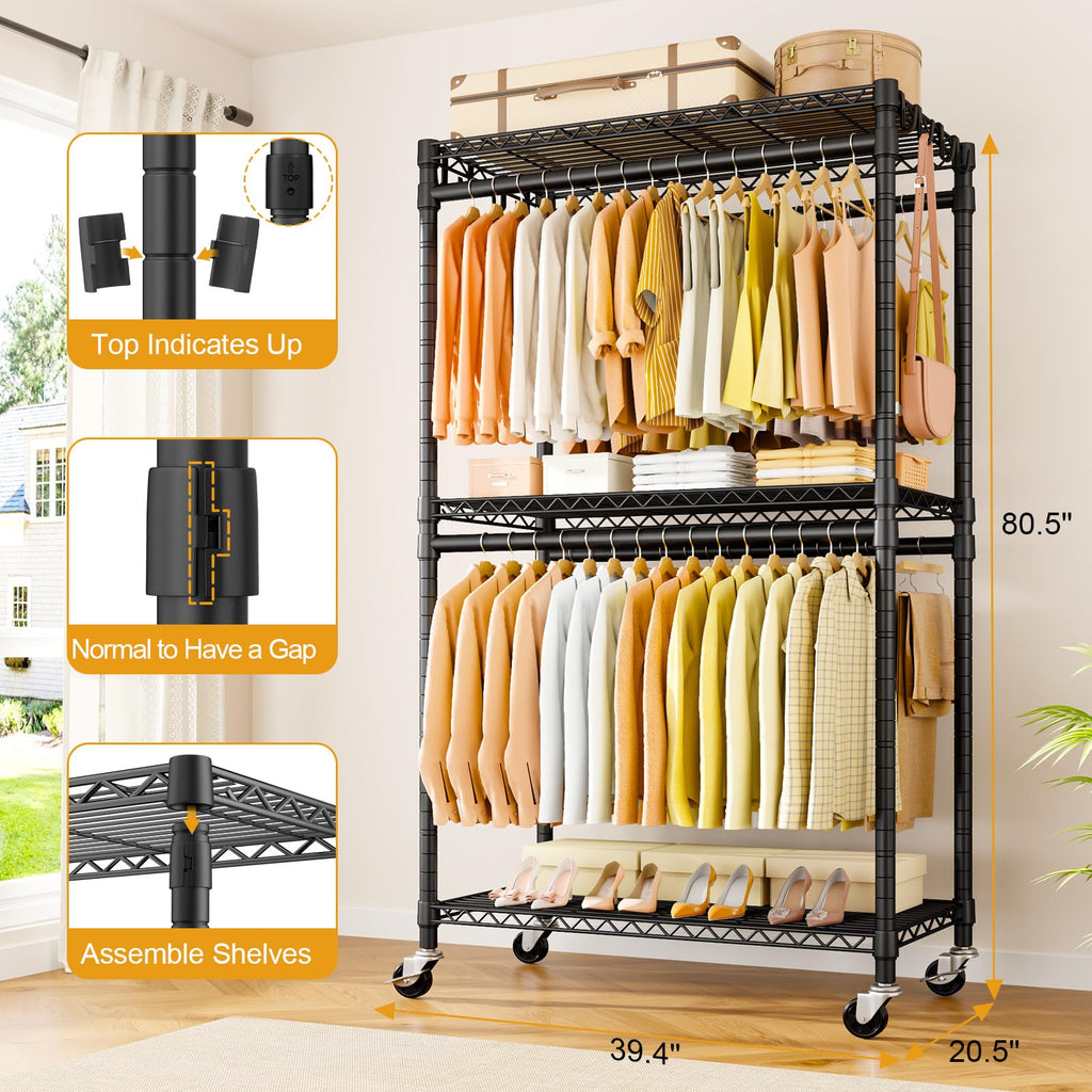 P5 Rolling Clothes Rack, Clothing Racks for Hanging Clothes, Black