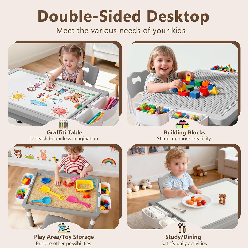 Kids Table & 2 Chairs Set, Adjustable Heights, Storage, Grey