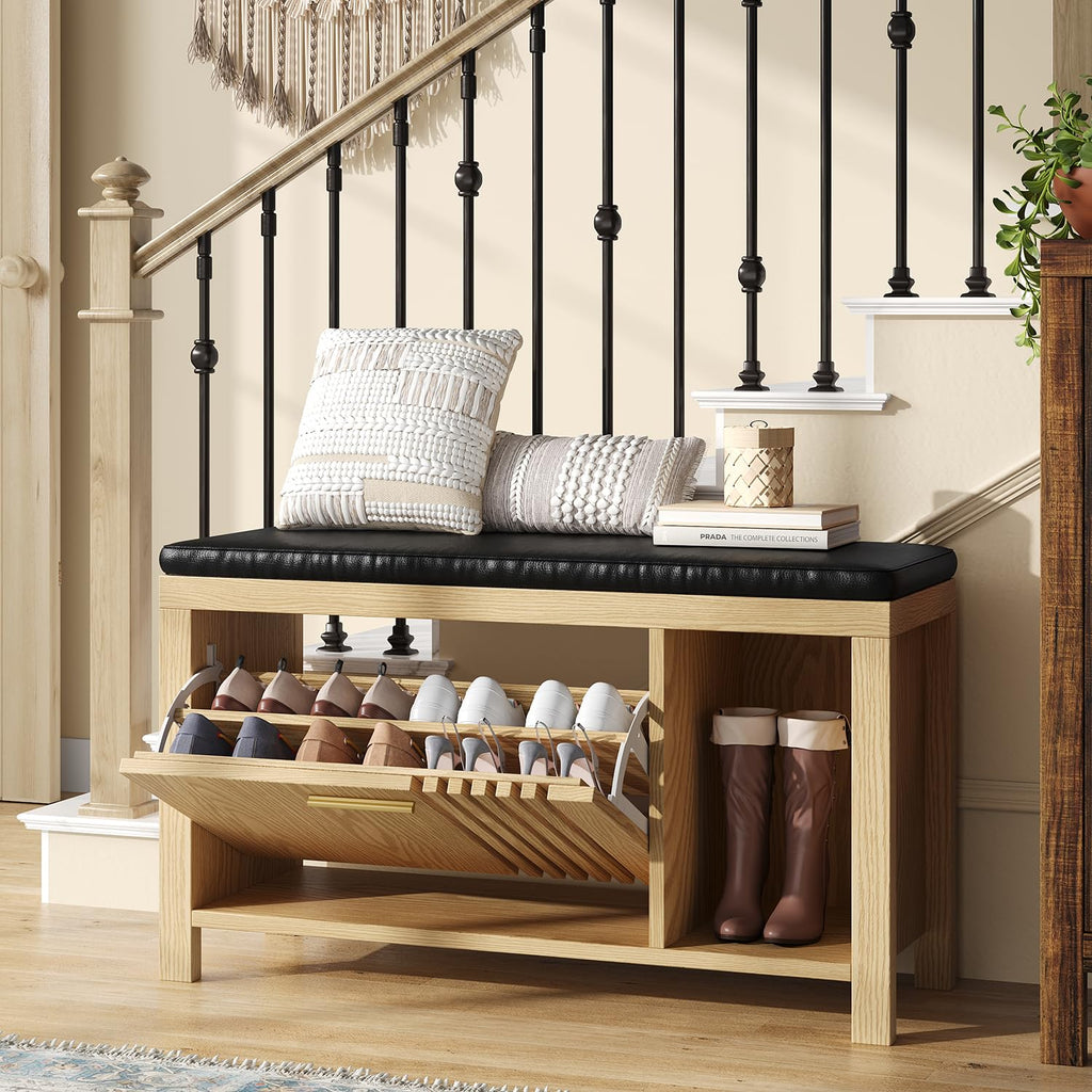 40" Shoe Storage Bench with Flip Drawers & Padded Seat Cushion