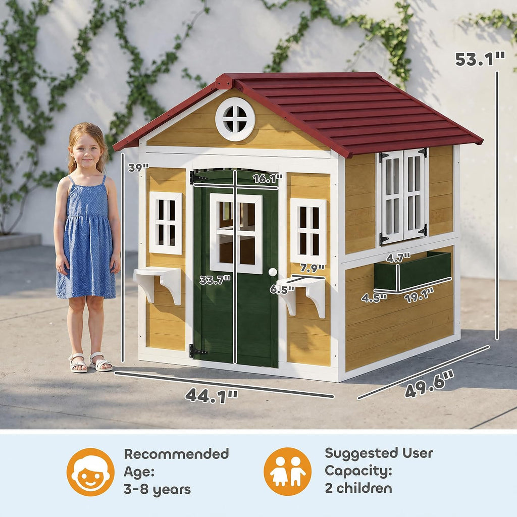 Outdoor Kids Playhouse with Dutch Door for Toddlers 3-8, Beige | Wooden, Windows, Flower Holders and Boxes, Cottage