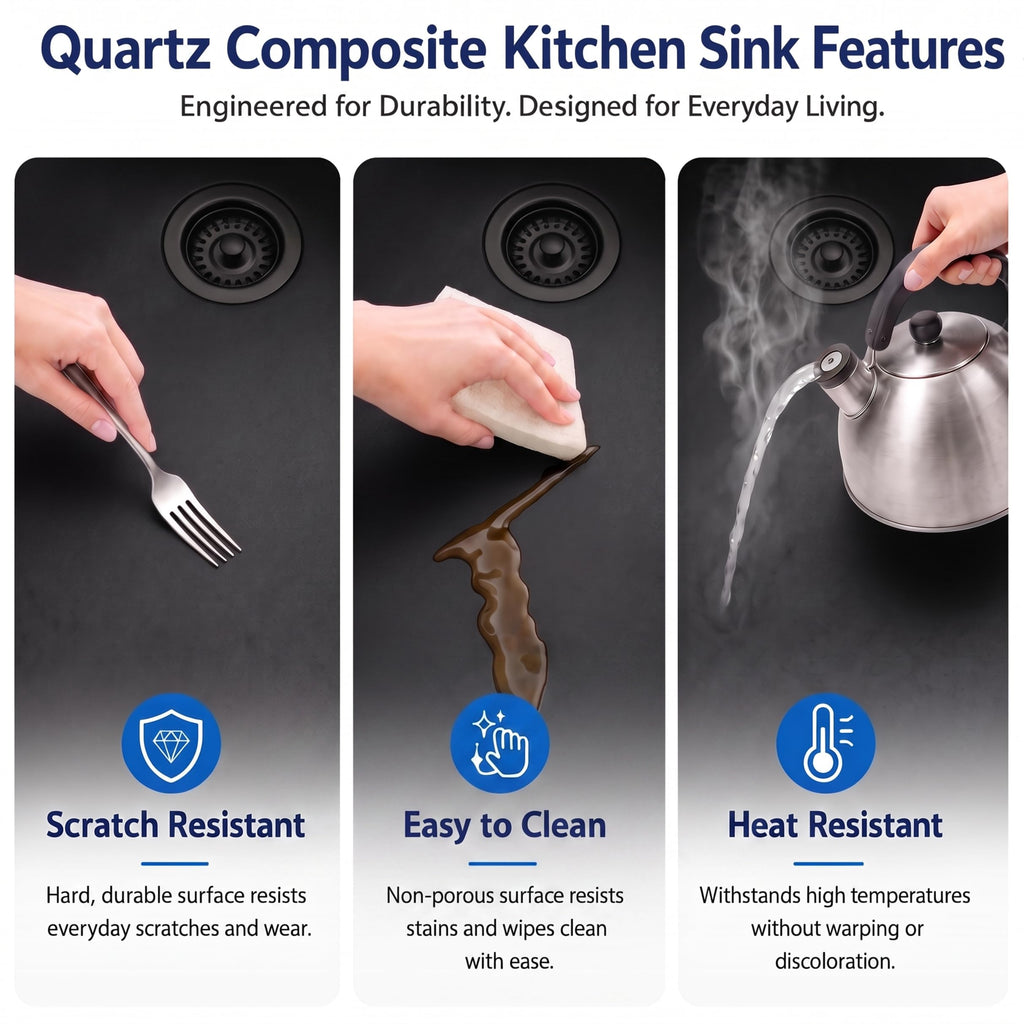 18 Inch Black Quartz Composite Kitchen Sink, Undermount, 10 Inch Deep