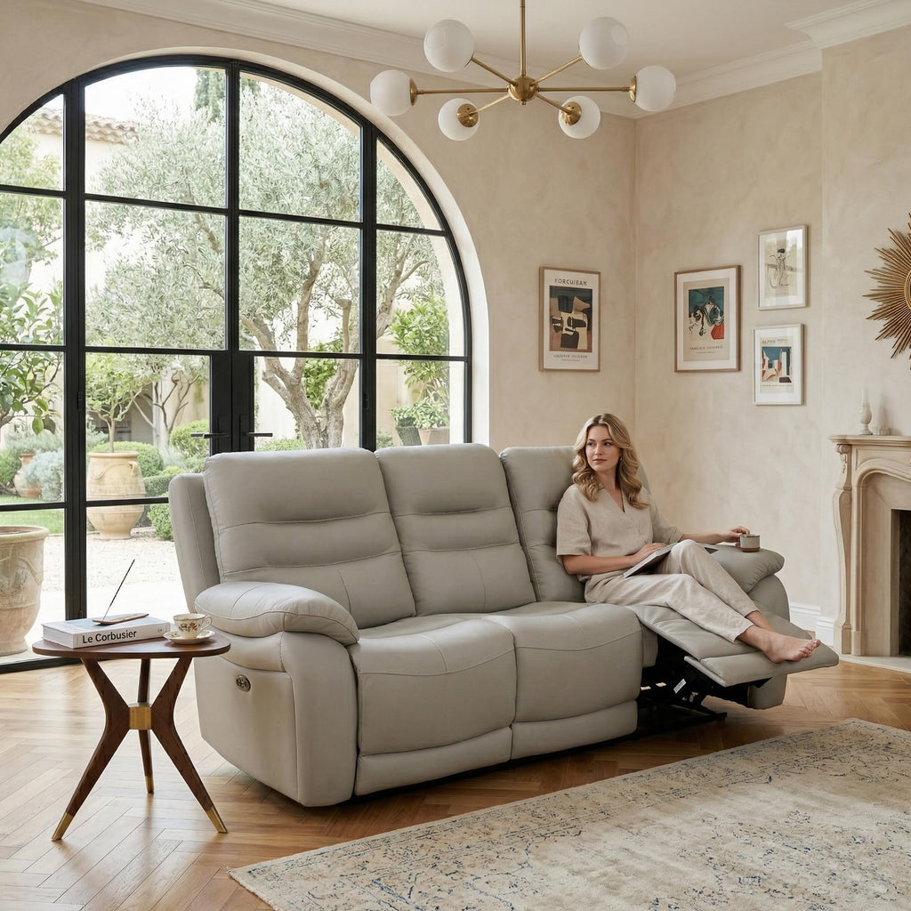 Power Reclining Sofa, 3-Seater Genuine Leather Recliner Couch, Light Grey Top Grain Leather Sofa with USB Port