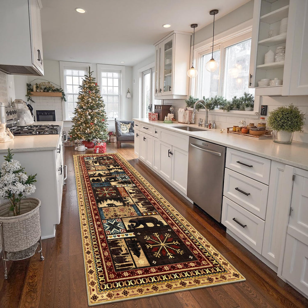 Hallway Runner Rug, Non Slip Washable Western Cabin Bear Rugs