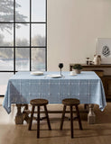 Grid Embroidered Hemmed Tablecloths, Blue 60x120 Inch, Farmhouse Style Heavy Weight Cotton Linen Dus