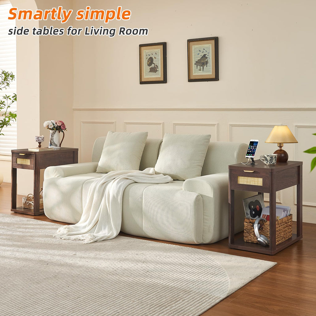 Narrow Side Table Set 2 with Charging Station, Rattan 24 x 14''