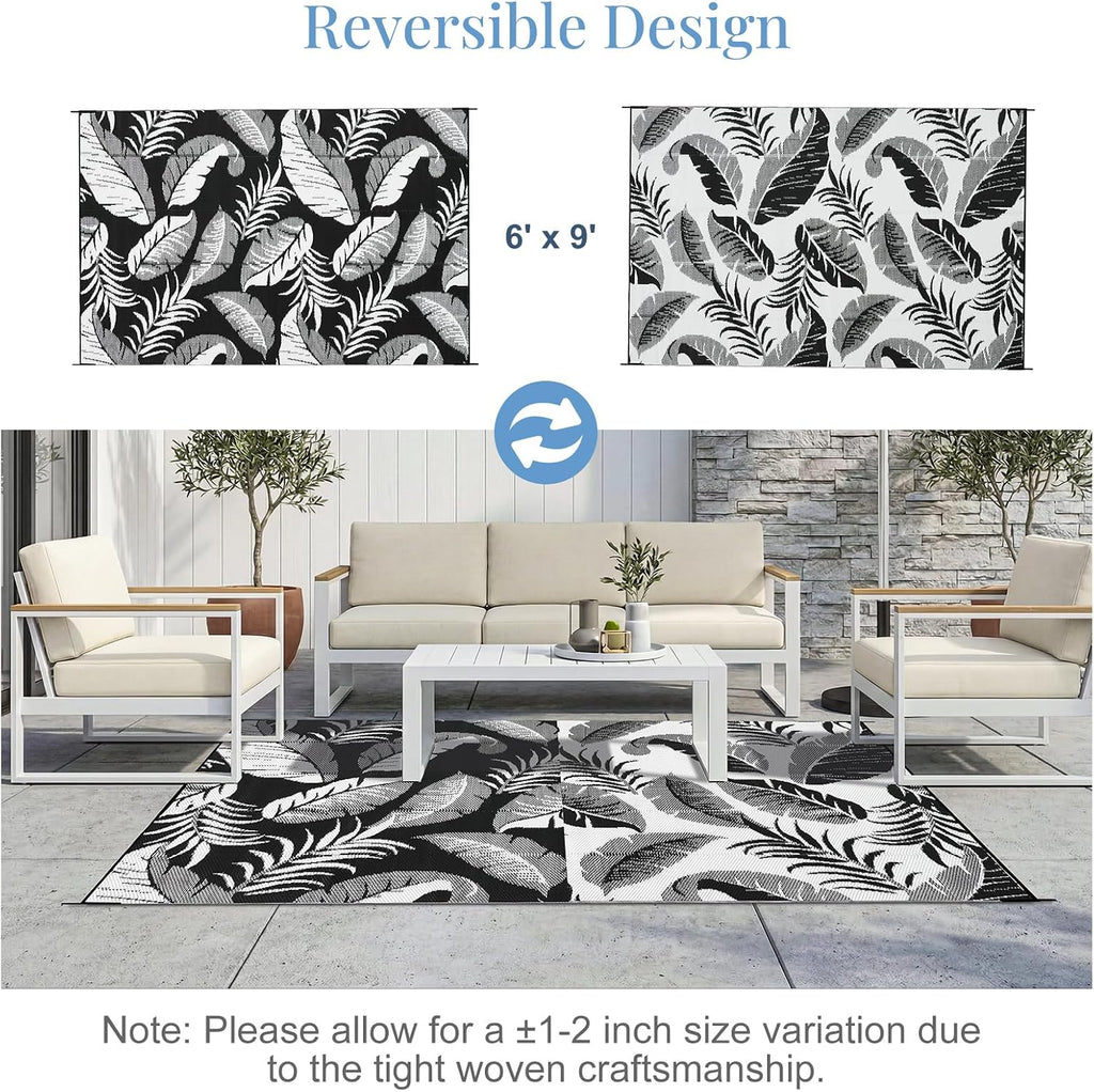 Reversible Outdoor Rug, Waterproof Outdoor Plastic Straw Rug, Tropical Leaf RV Camping Rugs for Outside, Deck