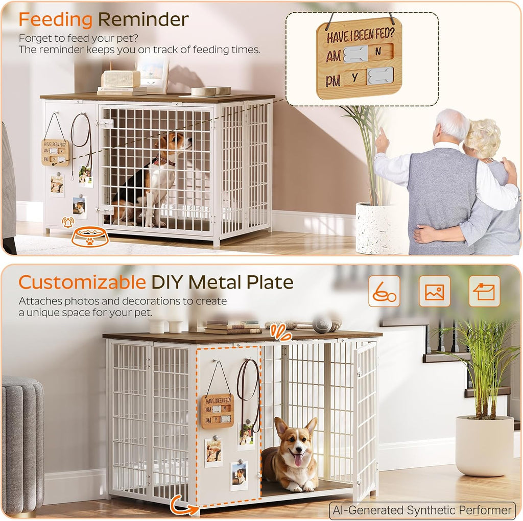 Foldable Dog Crate Furniture, Dog Crate with DIY Frame, Heavy Duty Dog Kennel Indoor with Hooks, Wooden Dog Cage End