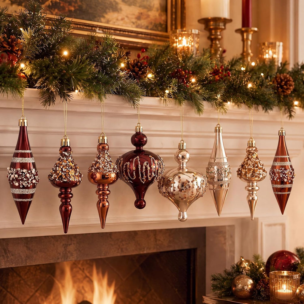 8 Pcs Vintage Finial Drop Christmas Ornaments Red Gold Brown Hanging Finial Christmas Ornaments Hanging Xmas Tree