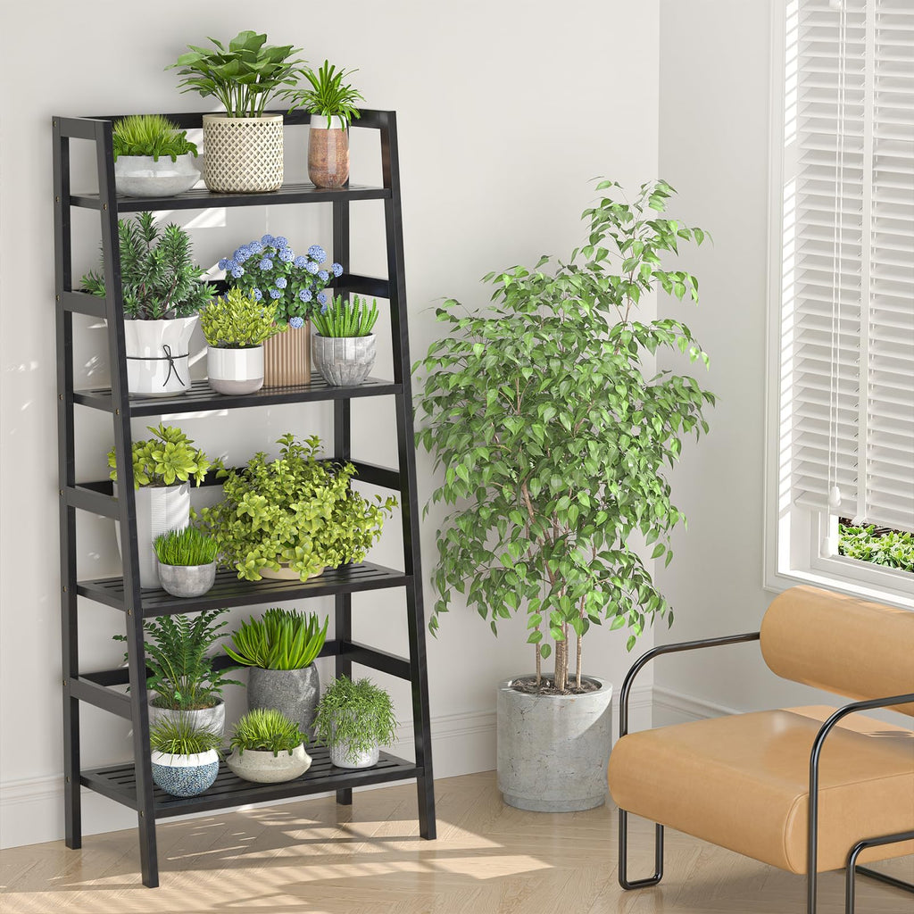 Black Ladder Shelf, 4-Tier Bamboo Bookshelf & Bookcase Organizer