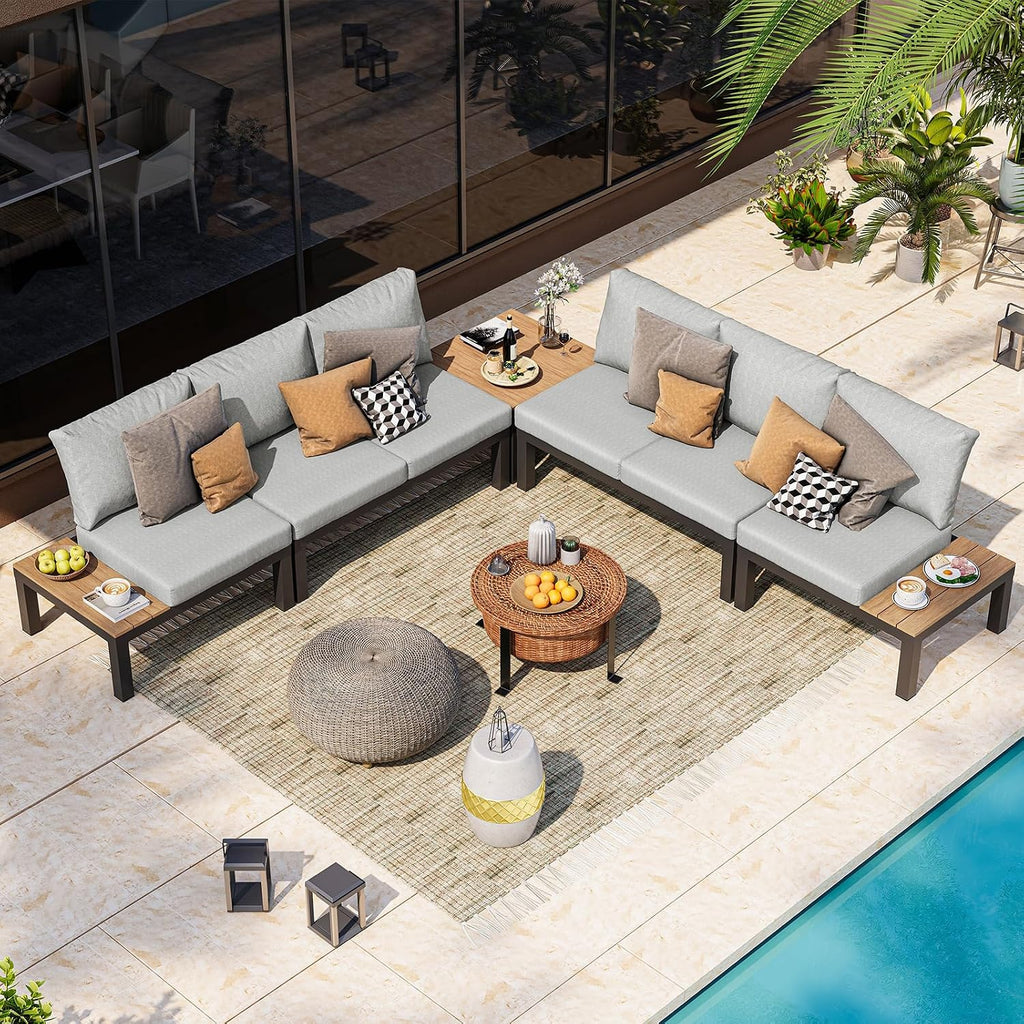 Aluminum Modular Outdoor Patio Furniture Set, 6 Seats Sectional Sofa Set with Adjustable Backrest & Thick Cushions