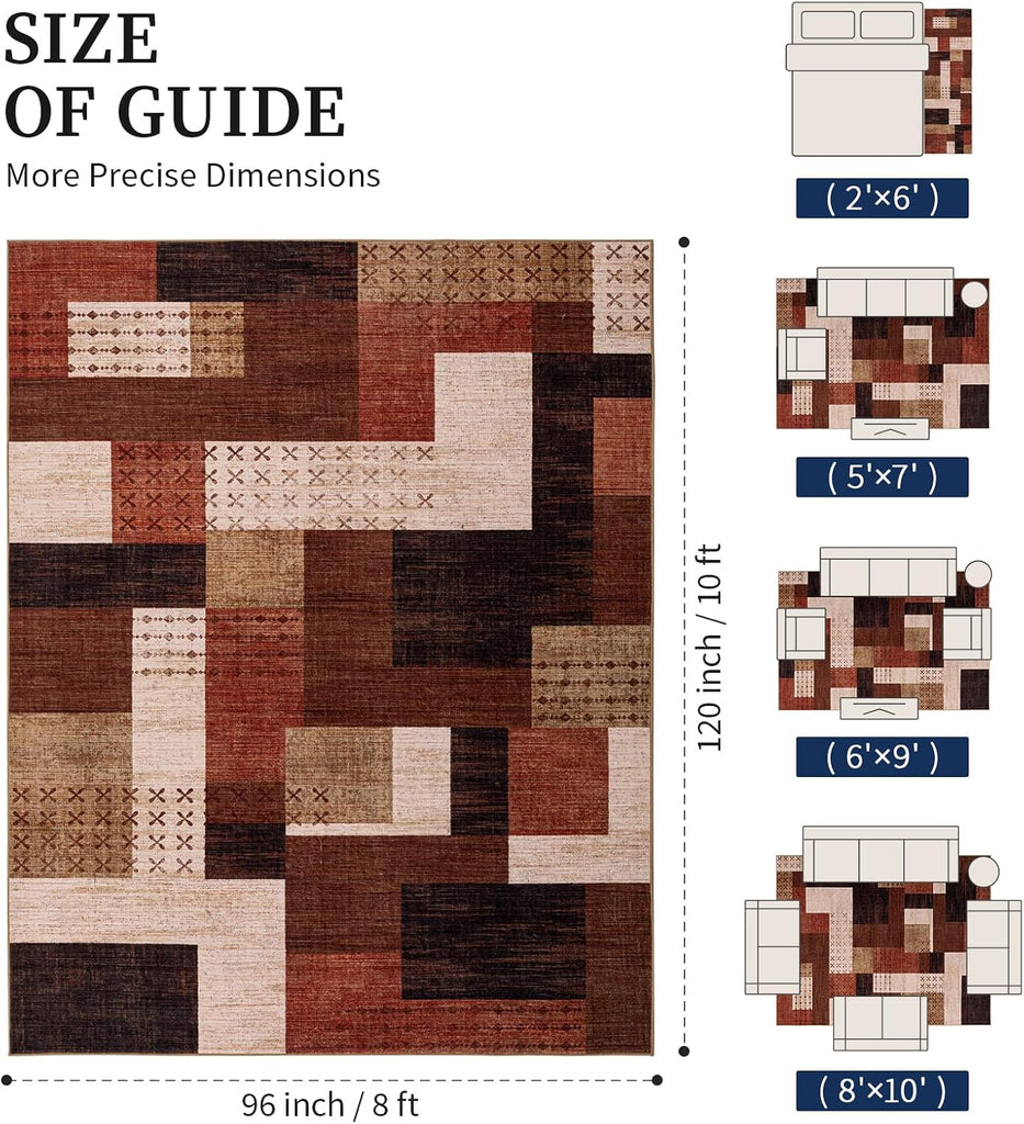Modern Washable Area Rugs, Brown Geometric Patchwork Rug Non Slip, Large Southwestern Tribal Carpet for