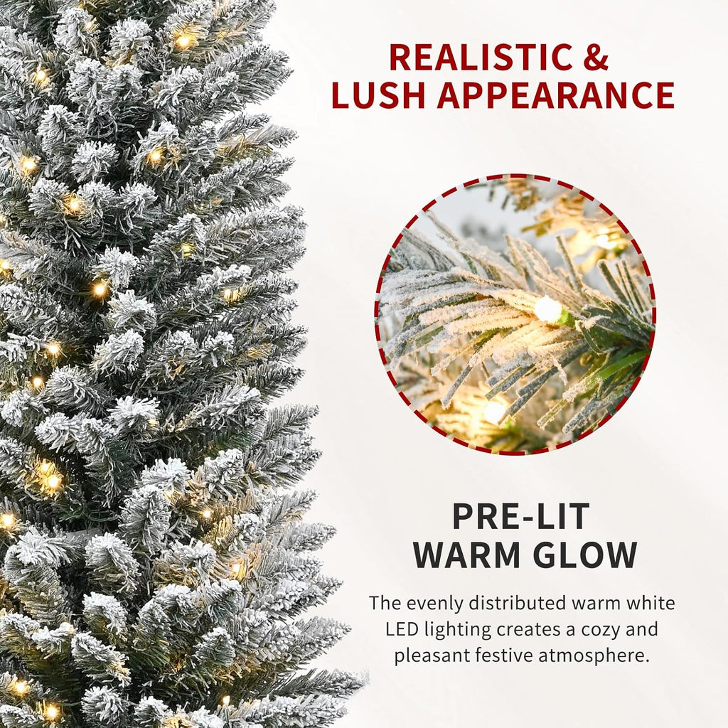 Pre-Lit Slim Pencil Flocked Artificial Christmas Tree with Lights
