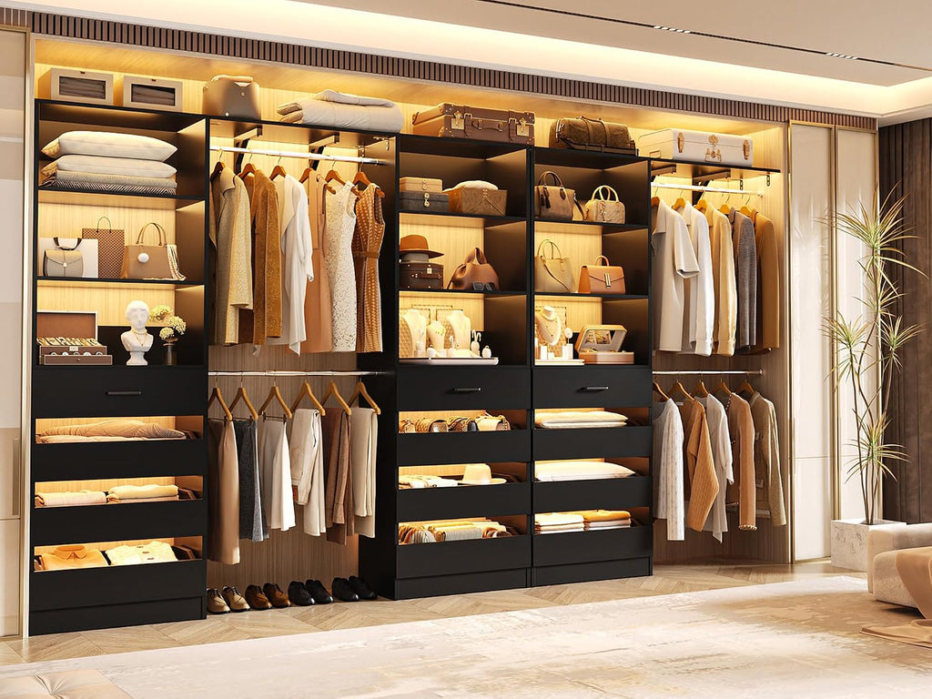 Closet System with 12 Drawers, 138.5" Wood Closet Organizer System with 4 Hanging Rods & Top Shelves, 6.7+4.85Ft L