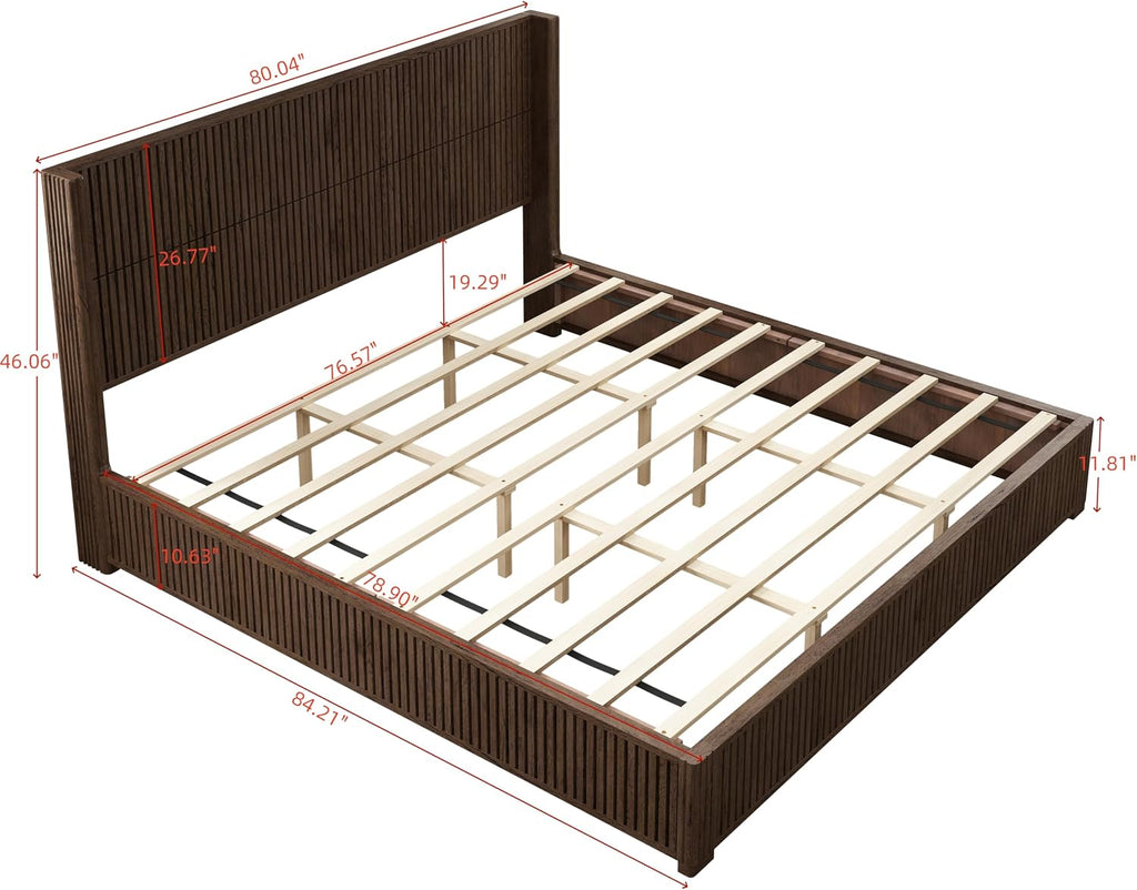 Retro Bed Frame with Tall Headboard, Mid Century Walnut Solid Wood Platform Beds Frames, 10 Strong