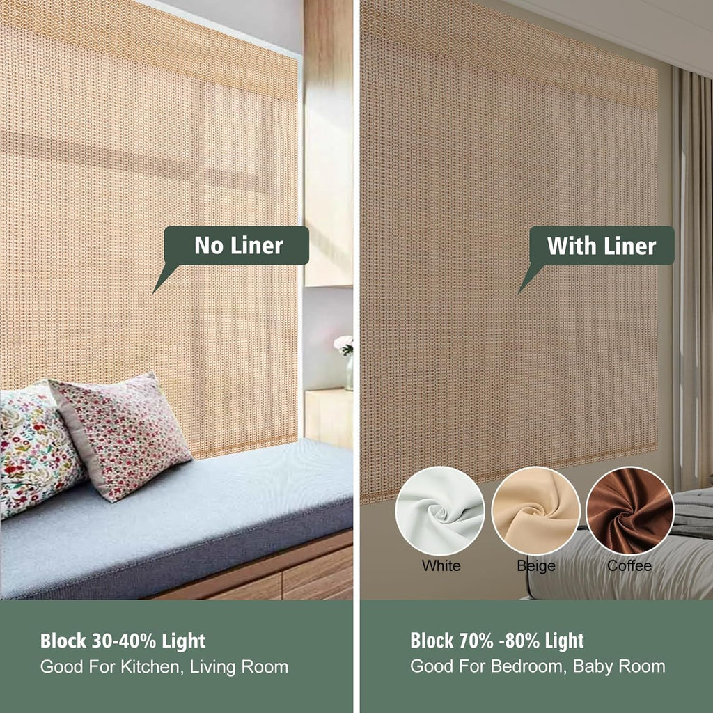 Comzone Cordless Blackout Bamboo Roman Shades, Easy to Install Natural Woven Wood Window Shades, Great Privacy Lined