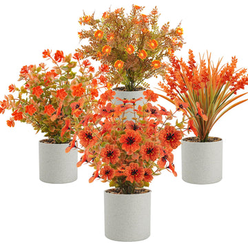 4 Packs Artificial Fall Plants in Pot, Autumn Bathroom Home Decor, Orange