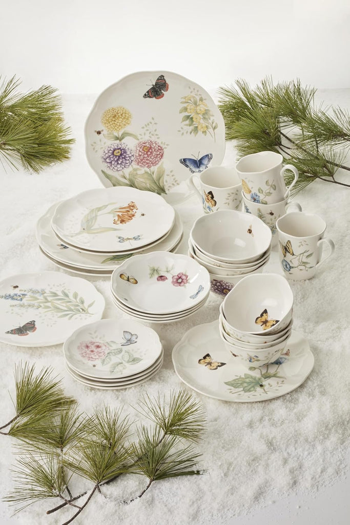 Dinnerware Set, Butterfly Meadow 28-Piece Set, Service For 4, Porcelain Plates With Scalloped Edges