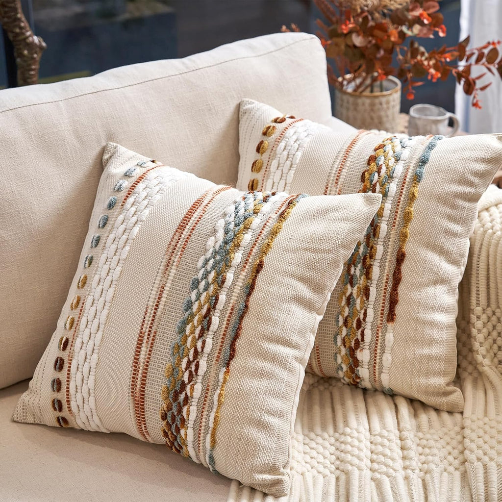 Boho Throw Pillow Covers 18x18 Inch Set of 2, Farmhouse Decorative Striped Square Pillow Covers Chenille Tufted